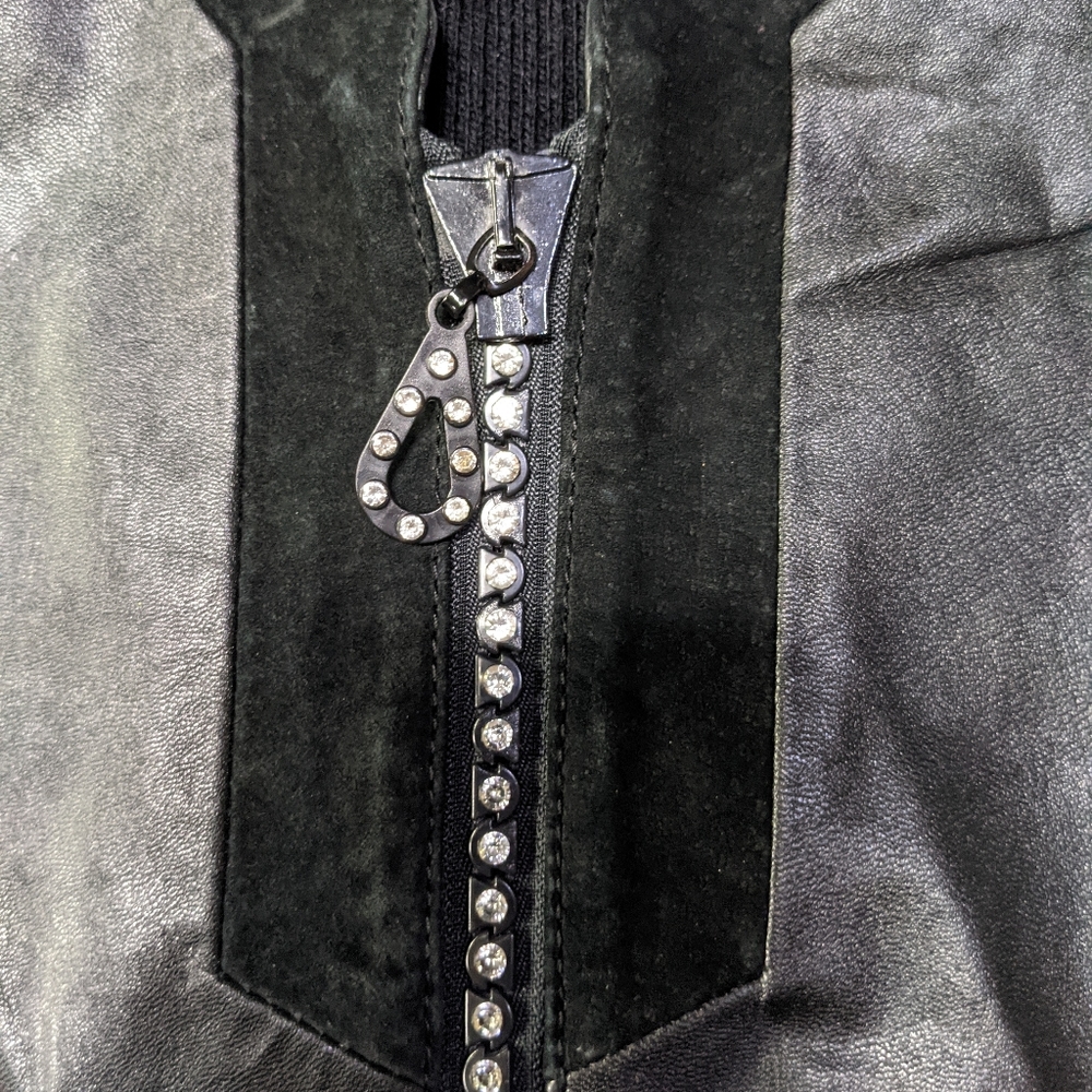 Zingzing genuine leather jacket pockets rhinestones zipper ribbed back sleeves - Picture 8 of 11